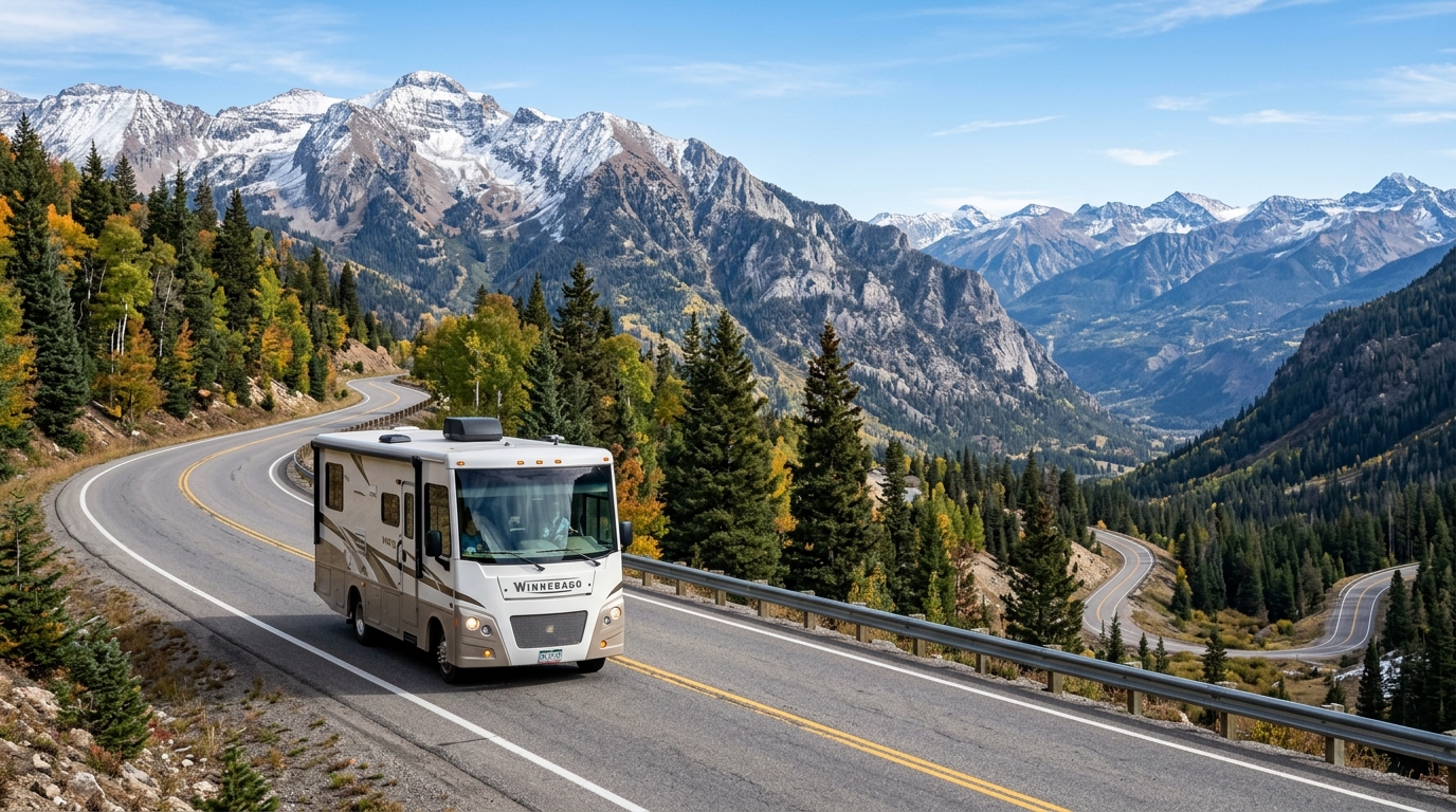 A camper driving down a scenic road during full-time RV travel